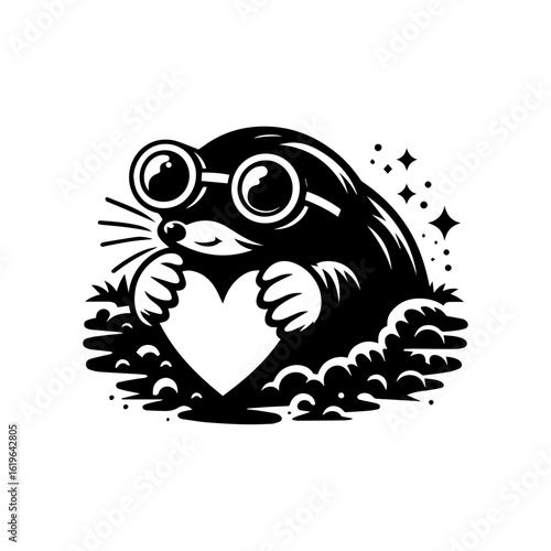 mole wearing round goggles digging a heart-shaped tunnel