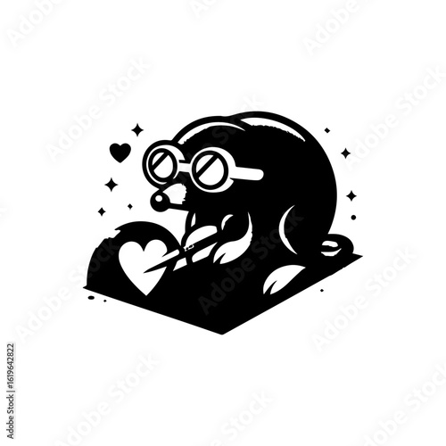 mole wearing round goggles digging a heart-shaped tunnel