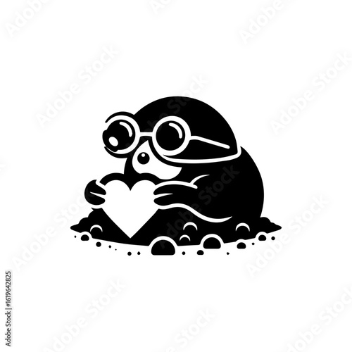 mole wearing round goggles digging a heart-shaped tunnel
