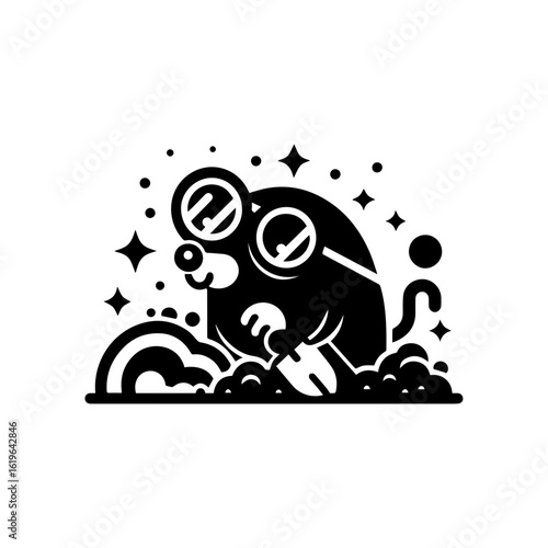 mole wearing round goggles digging a heart-shaped tunnel