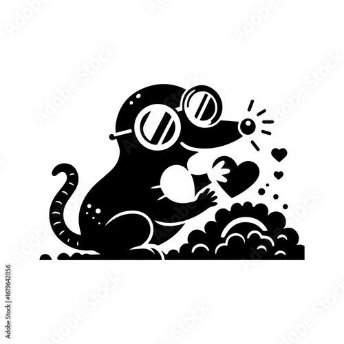 mole wearing round goggles digging a heart-shaped tunnel