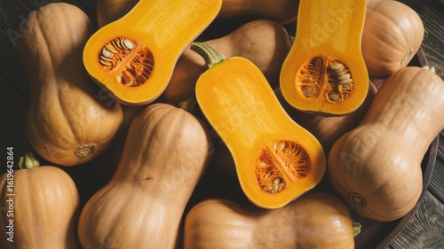 Assortment of whole and halved butternut squashes arranged on dark wooden surface in circular pattern