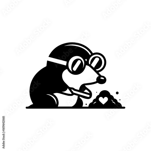 mole wearing round goggles digging a heart-shaped tunnel