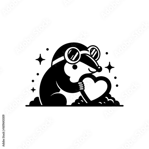mole wearing round goggles digging a heart-shaped tunnel
