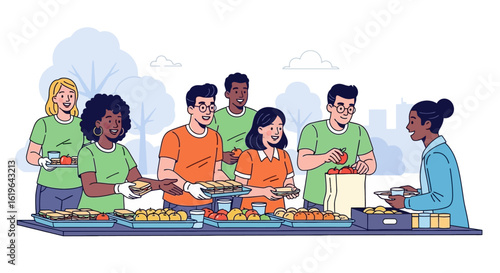 Diverse volunteers serving food at an outdoor community meal.
