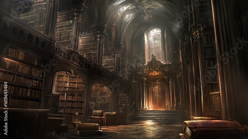 Dark, grand library interior with high vaulted ceiling and antique bookshelves.
