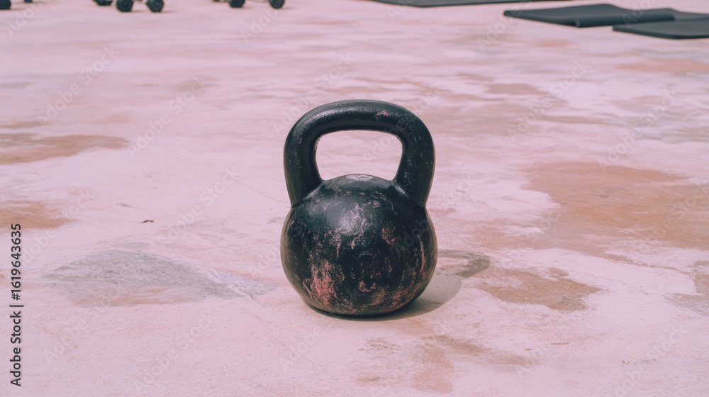 Fototapeta premium Dark gray kettlebell on a light beige concrete surface.