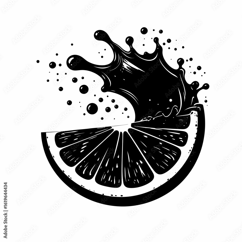 Obraz premium Monochrome depiction of a sliced citrus fruit, with a splash of juice bursting upwards and droplets around