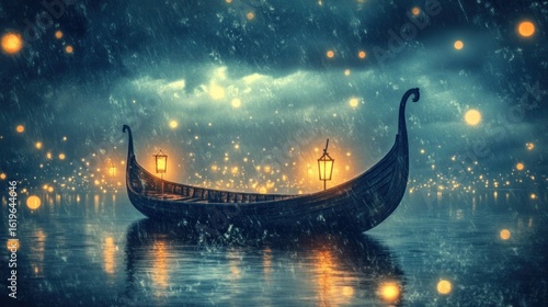 Dark, mystical gondola on a stormy lake at night, illuminated by glowing lights.