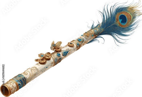 Beautiful flute with gold and silver embroidery and peacock feather, lord Krishna flute isolated on white background, generative ai. High quality