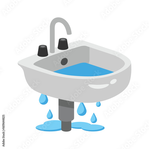Leaking bathroom sink flat 2d style vector, broken sink concept