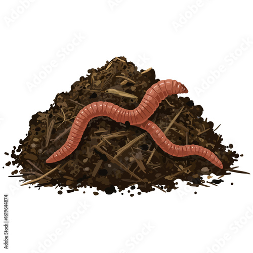 Worms on compost heap illustration. Vermicomposting for fertilizer.