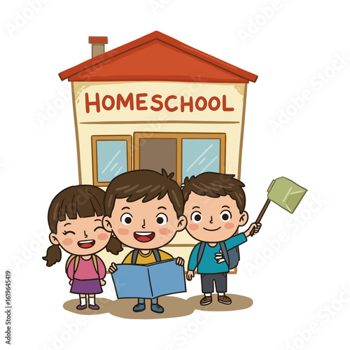 Homeschooling concept kids learning at home with building illustration