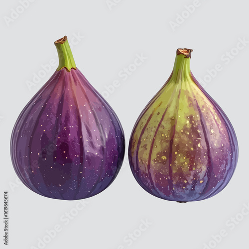Two figs, purple and green, side by side on a grey background. Detailed illustration showing the textures of fruit skins