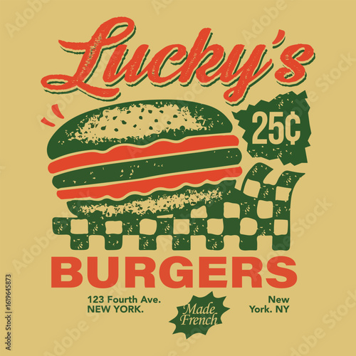 Burgers vector graphics. vintage retro fashion burgers. tropical summer food print design. new york state food. womens girls graphics. trendy burger t-shirt print design
