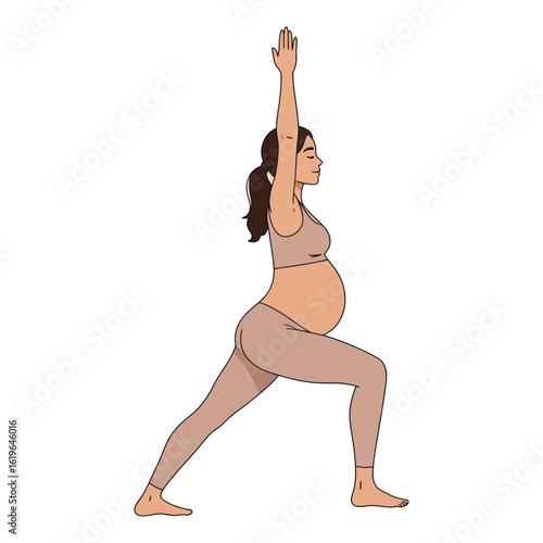 Prenatal Yoga Pregnant woman in warrior pose mindful exercise for health