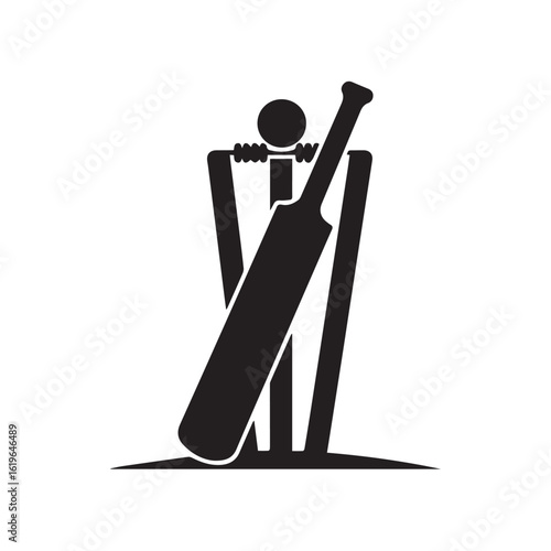 Black silhouette of cricket equipment on white background ball wickets
