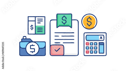 Financial planning and investment concept with icons of money, payment, investment, tax, and accounting isolated on white background perfect for business and finance presentations