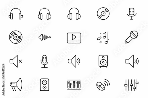  A minimalist bundle showcasing audio equipment and symbols in single-line style — ideal for podcast branding, sound production content, and music-related merchandise