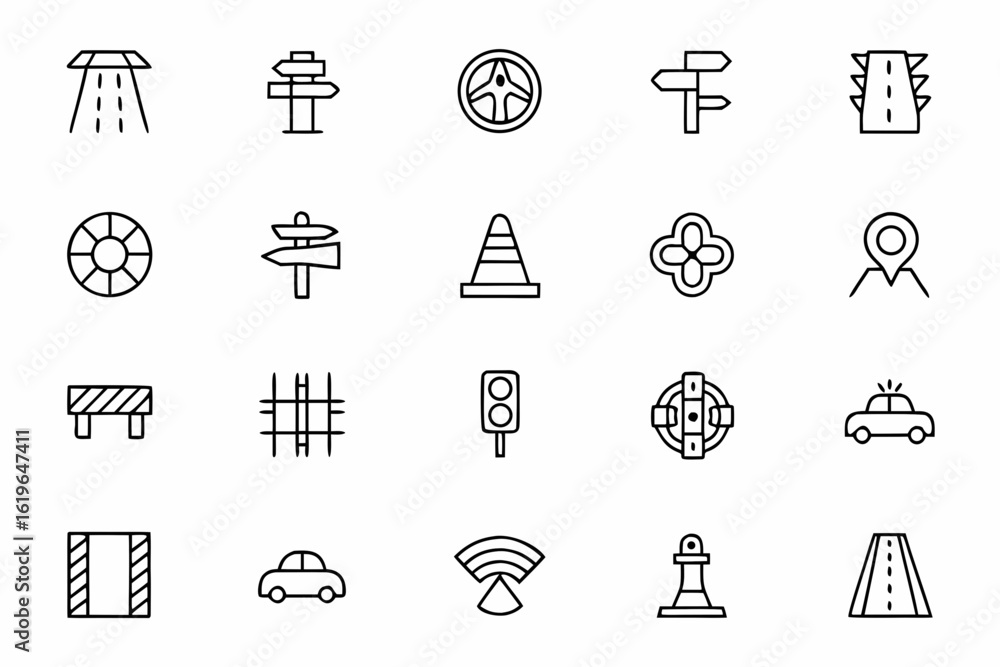 Fototapeta premium A simplified and elegant line drawing bundle focusing on key transportation infrastructure components — ideal for architecture portfolios, public works illustrations, or stock use