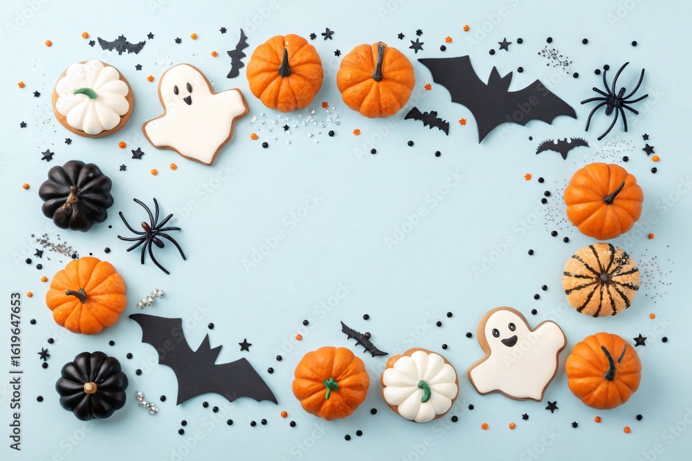 Fototapeta premium Halloween festive frame with pumpkins bats and ghost cookies on blue background