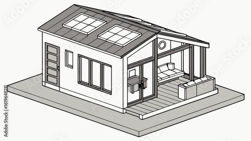 Illustration of a modern house with solar panels and a spacious deck, showcasing contemporary architecture and sustainable design, isolated on white background