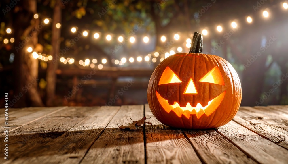 Fototapeta premium Halloween jack-o'-lantern on rustic wooden table at night