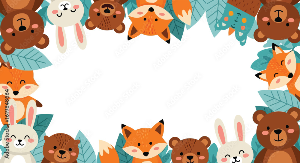 Fototapeta premium Cute animal frame background in flat vector illustration, cartoon animals peeking from the border—bunny, fox, bear—with white center space for message