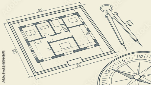 Vintage blueprint of a house plan with compass and navigation tool a detailed architectural drawing for construction and interior design projects