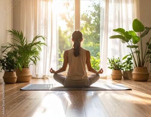 Woman practicing morning yoga, finding inner balance with wellness, meditating at home in a sunlit room.