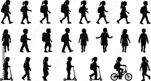 Children silhouette set, walking kids vector, backpack school children, scooter riding, bicycle pose, active boys girls black clipart