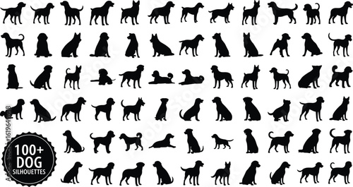 Dog silhouette collection, black pet shapes, vector animal poses, various breeds illustration, isolated puppy outlines, editable clipart set