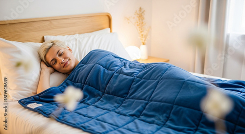 Serene woman peacefully sleeping under a weighted blanket in a cozy bedroom.