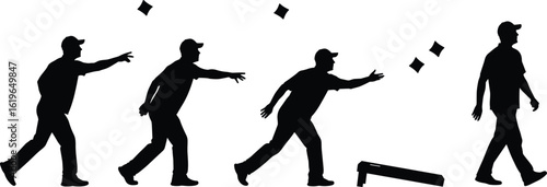 Silhouette of man throwing bean bag in cornhole game, casual outdoor activity, sports vector illustration, male player motion pose