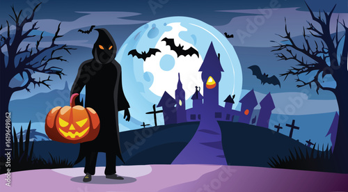 Spooky Halloween night with a haunted house, full moon, flying bats, and a scary pumpkin illustration