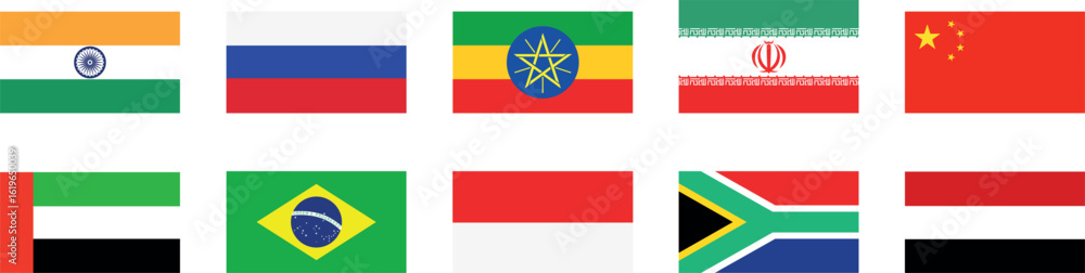 Fototapeta premium BRICS countries flag set. BRICS flags in circle shape. BRICS logo