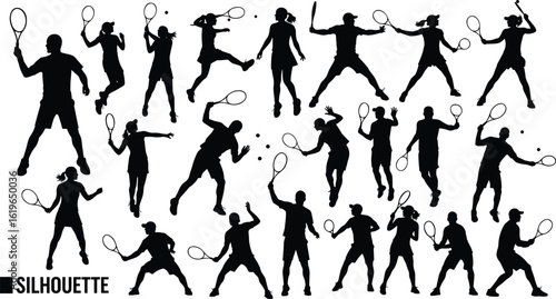 Tennis player silhouette set, black vector poses, action shots, racket swing motion, male female athletes, match sport clipart collection