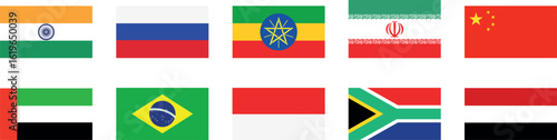 BRICS countries flag set. BRICS flags in circle shape. BRICS logo