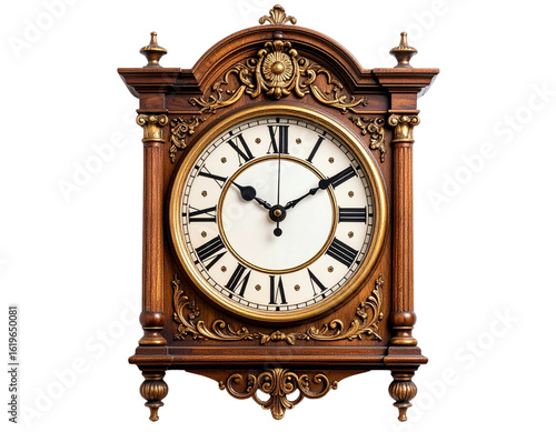 Isolated vintage wooden clock: an antique timepiece with a retro dial, perfect for capturing the essence of old-world charm