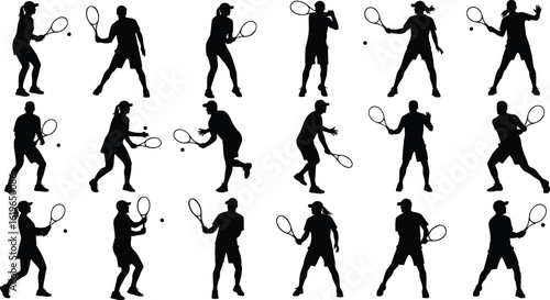 Tennis player silhouettes, black figure poses, sports action collection, male and female athletes, isolated vector set, training and match