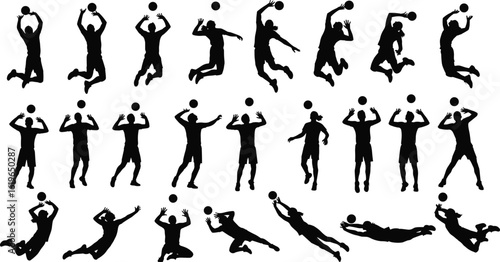 Volleyball player silhouette vector, sportsman jumping, blocking, diving action poses, black volleyball figure, athlete illustration, vector sports collection, shadow art