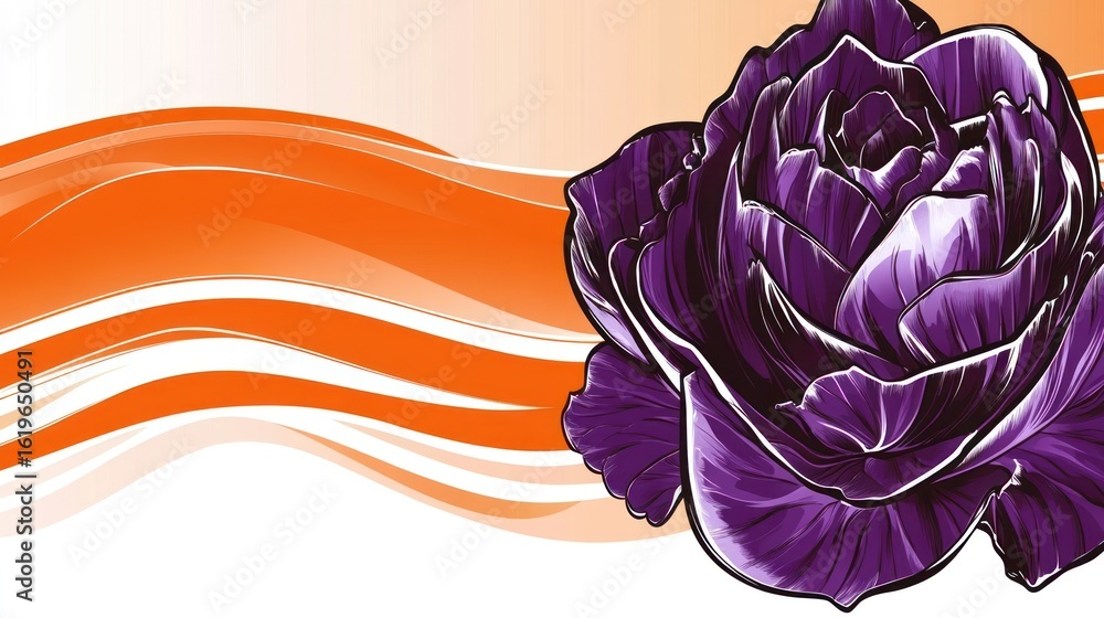 Obraz premium Detailed illustration of a dark purple rose, against an orange and white background with abstract flowing lines..
