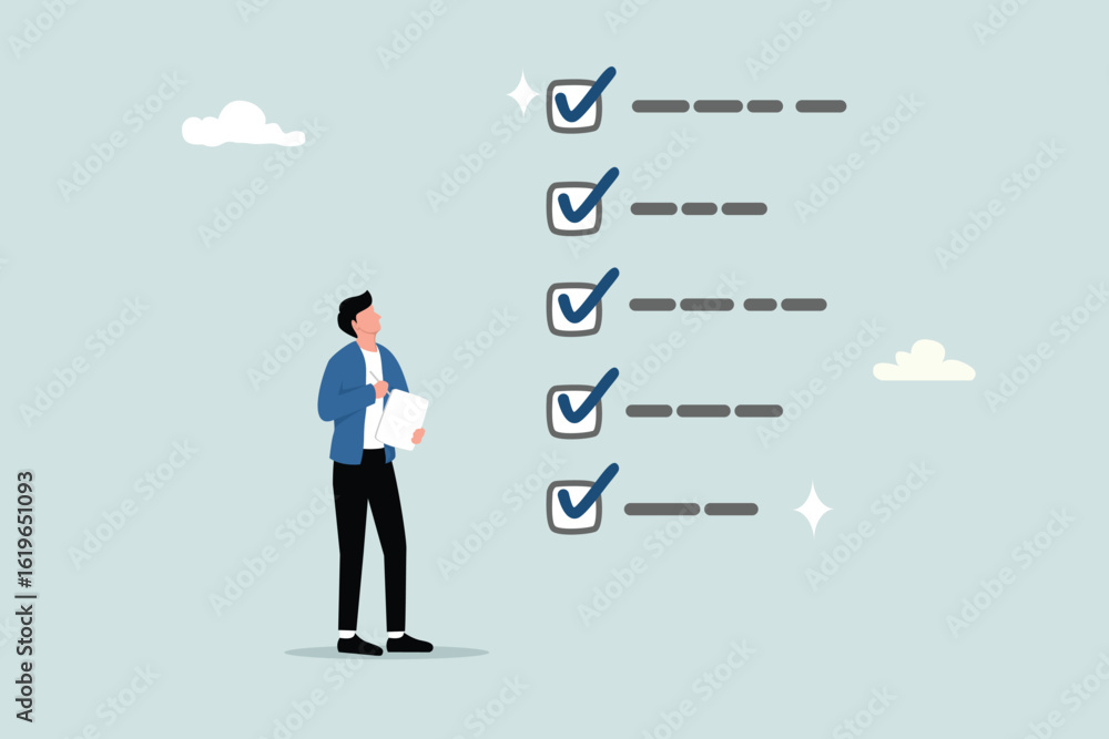 Fototapeta premium Task completion checklist, digital document approval, planning list, productivity task completion or completion or completed work checklist, entrepreneur checkbox as completed on digital tablet.