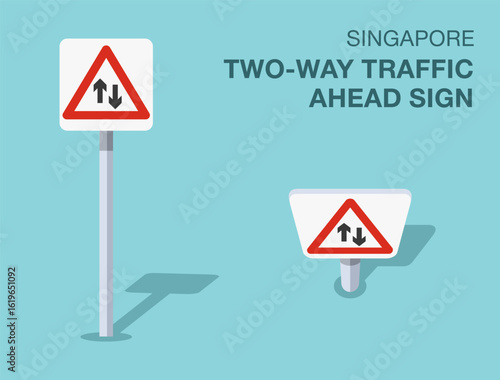 Traffic regulation rules. Isolated Singapore "two-way traffic ahead" road sign. Front and top view. Flat vector illustration template.