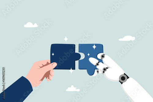 Working with Artificial Intelligence to achieve success together, apply AI to solve problems or get solutions, innovation or automation, human hands connecting puzzles with AI robots.