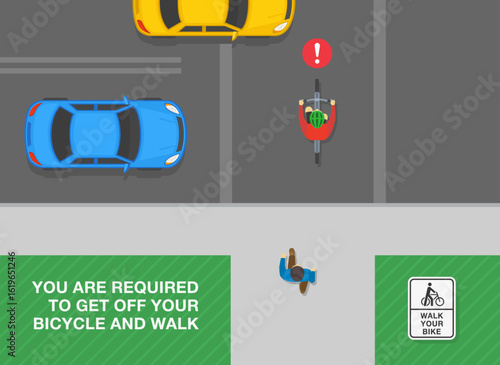 Safe driving tips and traffic regulation rules. Top view of a cyclist is crossing the street riding bicycle. "Walk your bike" road sign. Dismount your bike. Flat vector illustration template.