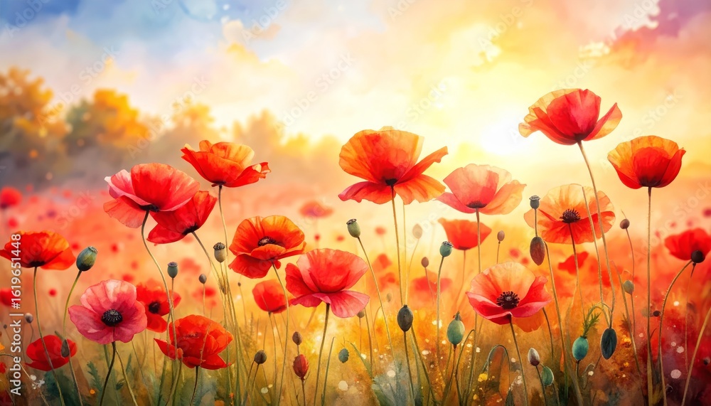Fototapeta premium Radiant red poppies in a sunkissed field, serene countryside landscape sunlit.