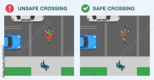 Safe driving tips and rules. Safe and unsafe road crossing. Dismount and walk your bike. Top view of cyclist crossing the street riding bicycle. Flat vector illustration template.