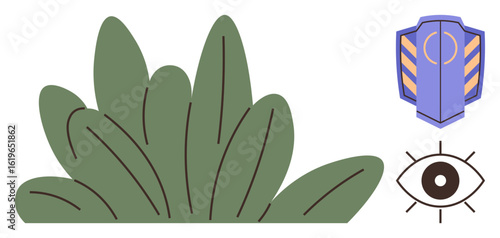 Green bush, shield with stripes, eye icon symbolizing security, surveillance, privacy, nature, balance, monitoring and defense concepts. Ideal for technology security environmental awareness