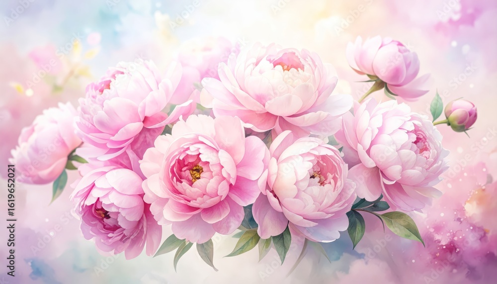 Naklejka premium Exquisite pink peonies in soft pastel bloom, a serene floral display beautiful.